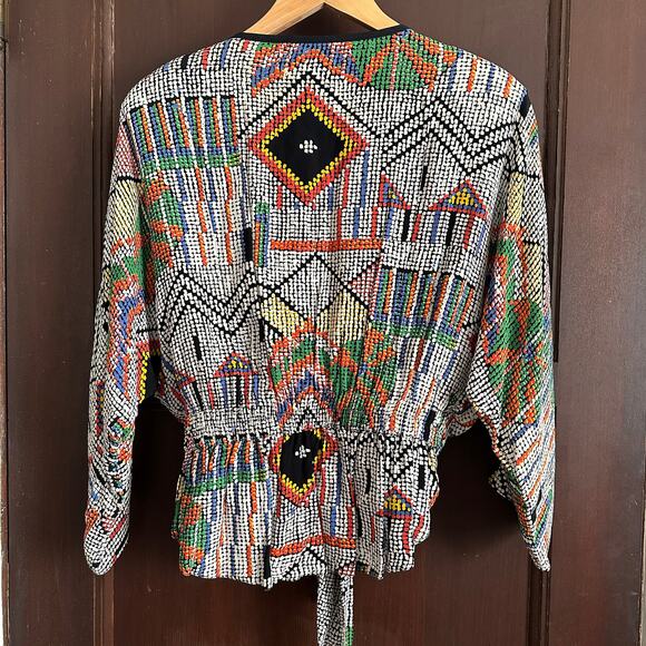 80s Vintage PLATINUM by Dorothy Schoelen | Printed Tie Front Beaded Blouse Small - Picture 3 of 8